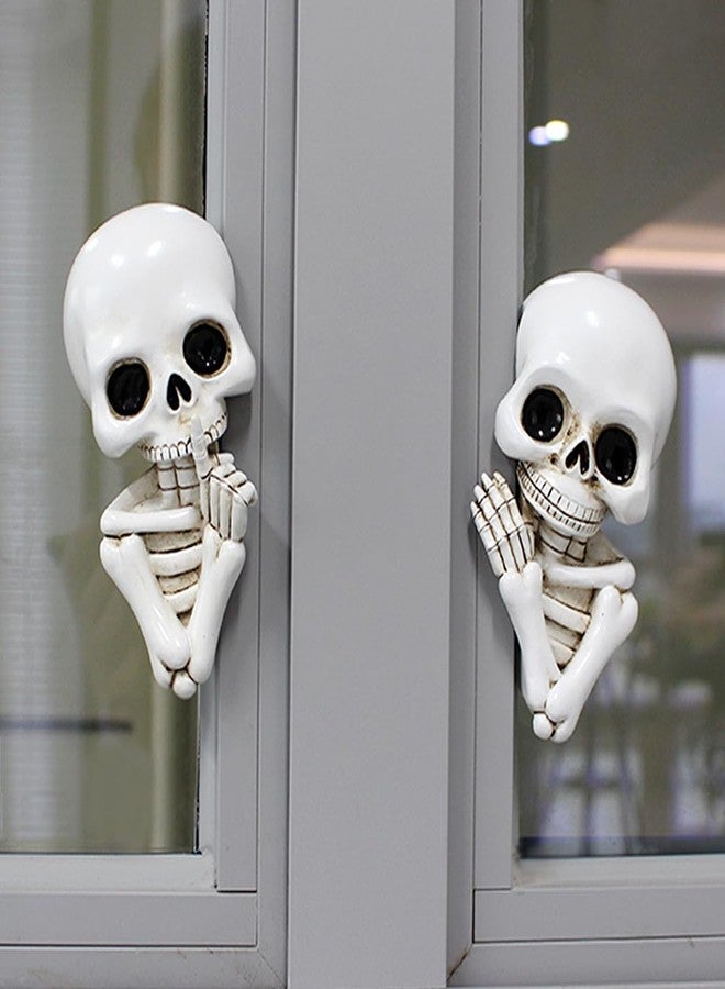 JARPSIRY Set of 2 Funny Keep Quiet Skeleton Statue Window Peeker Door Corner Decor, Horror Resin Skull Figurines Gothic Wall Sculpture Spooky Home Halloween Decorations - Image 2